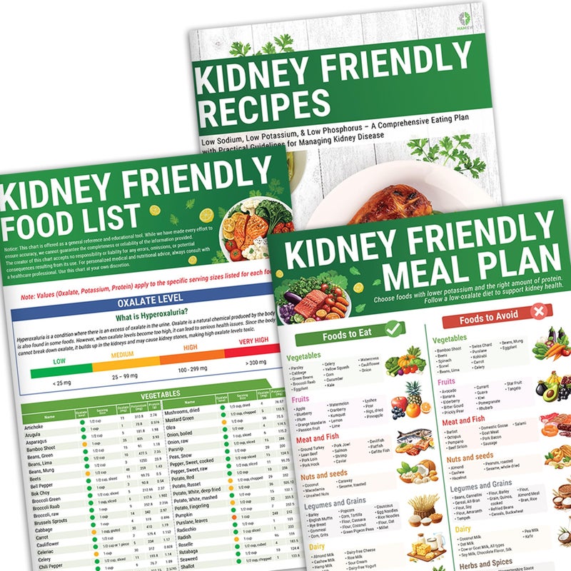 HAMIEW Set 3 Kidney Friendly Food List Chart Renal Diet Disease Meal Plan Kidney Recipes Support Hyperoxaluria Oxalate Level Low Sodium Potassium Phosphorus for CKD Dialysis Manage Hypertension